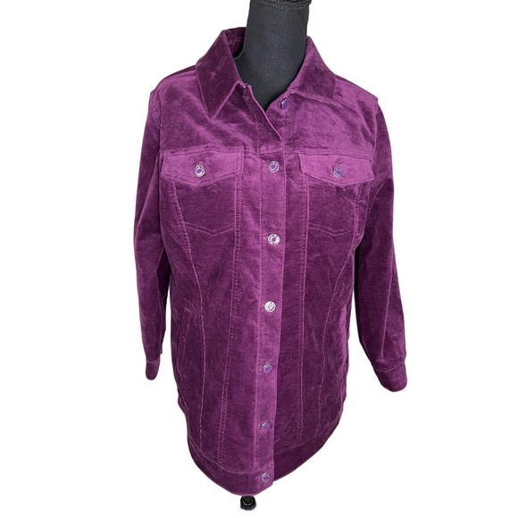 DENIM & CO WOMENS PURPLE STRETCH VELVETEEN PETITE JACKET NWOT SIZE S - Picture 2 of 7